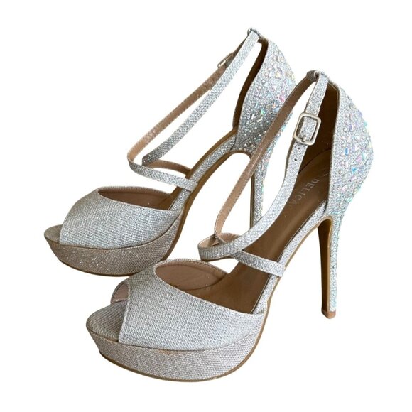 Delicacy Silver Glitter Strappy 5" High Heel Platform Sandals Women's Size 10 - Picture 1 of 11